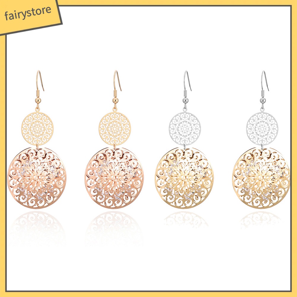 Khuyên Tai Dáng Dài Hai Lớp Chạm Khắc Thời Trang Cho Nữ