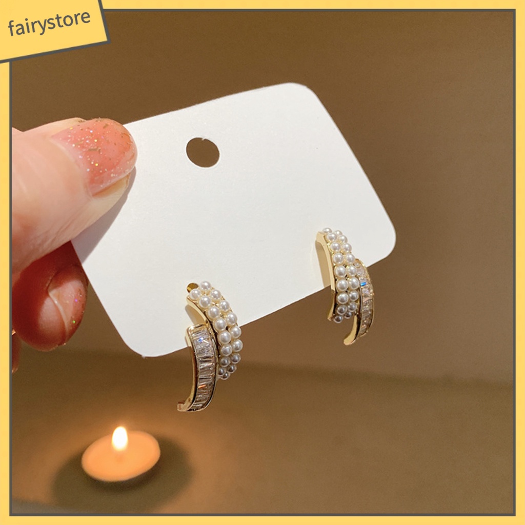 1 Đôi Bông Tai Ngọc Trai Giả Hai Lớp Đính Đá Lấp Lánh