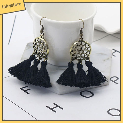 Bông Tai Dáng Dài Phối Tua Rua Phong Cách Vintage Cho Nữ