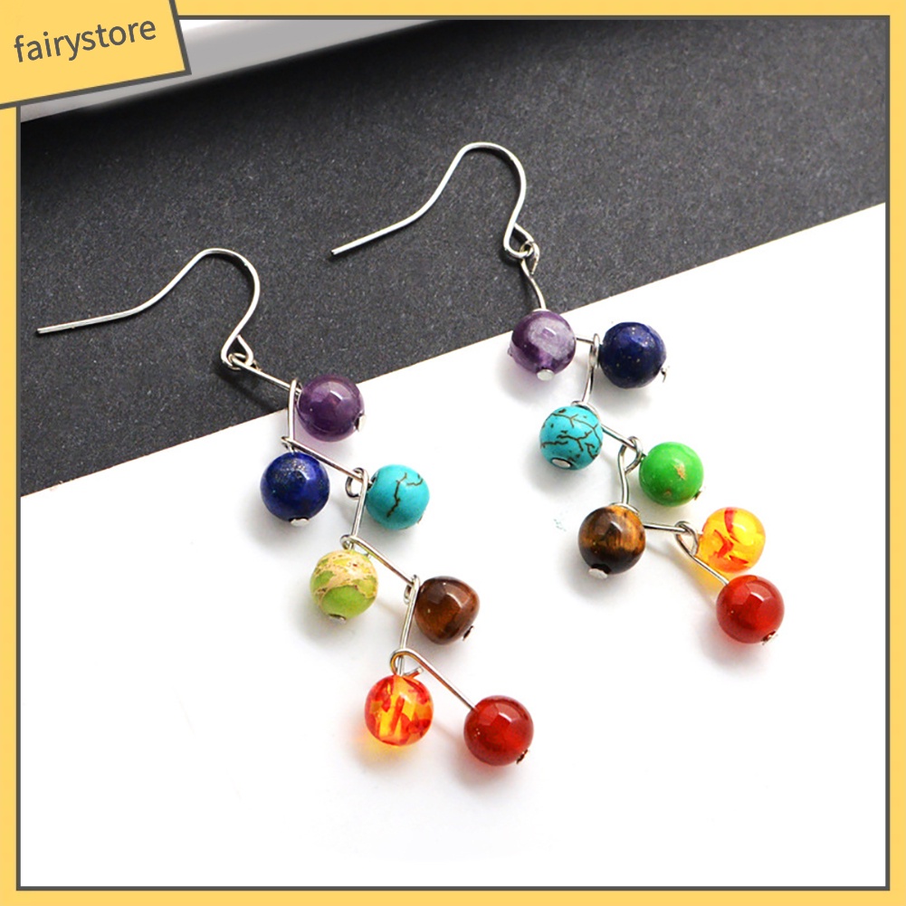 Bông Tai Chuỗi Hạt Đá Chakra 7 Màu Thời Trang Cho Nữ