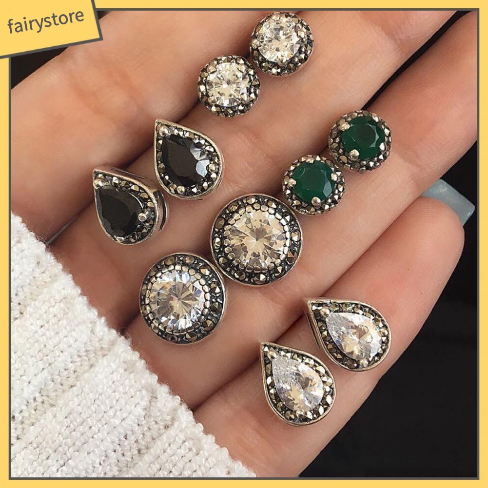 Set 5 Đôi Khuyên Tai Đính Đá Phong Cách Cổ Điển Thanh Lịch Dành Cho Nữ