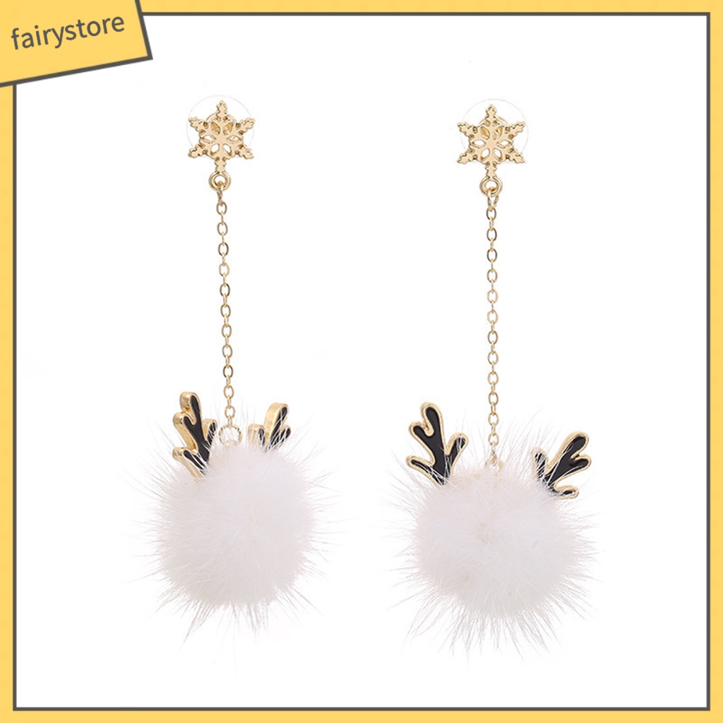 [FRO] 1 Đôi Bông Tai Thiết Kế Hình Học Dạng Tua Rua Bằng Lông Chồn Đính Sừng Hươu Cho Nữ