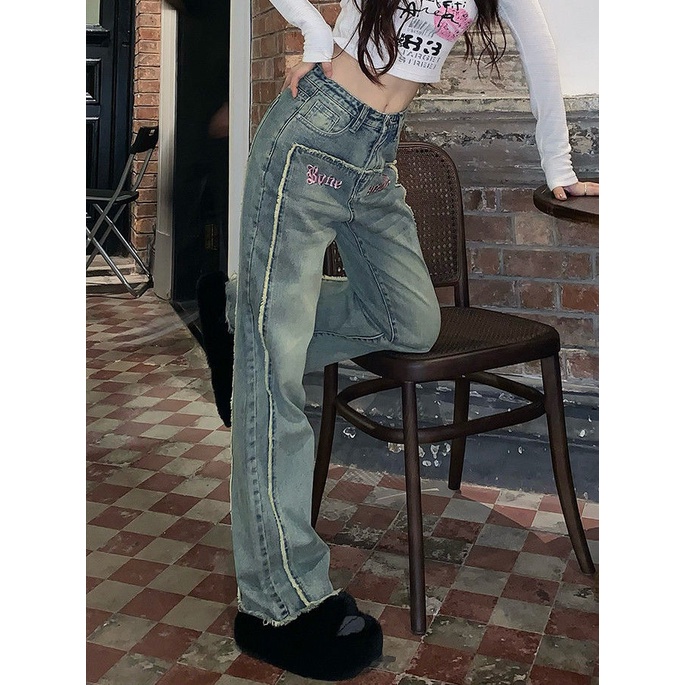 Y2k Quần Jeans Nữ Lưng Cao Ống Rộng Thêu Họa Tiết Phong Cách Hàn Quốc Dễ Phối Đồ Thời Trang Mùa Xuân