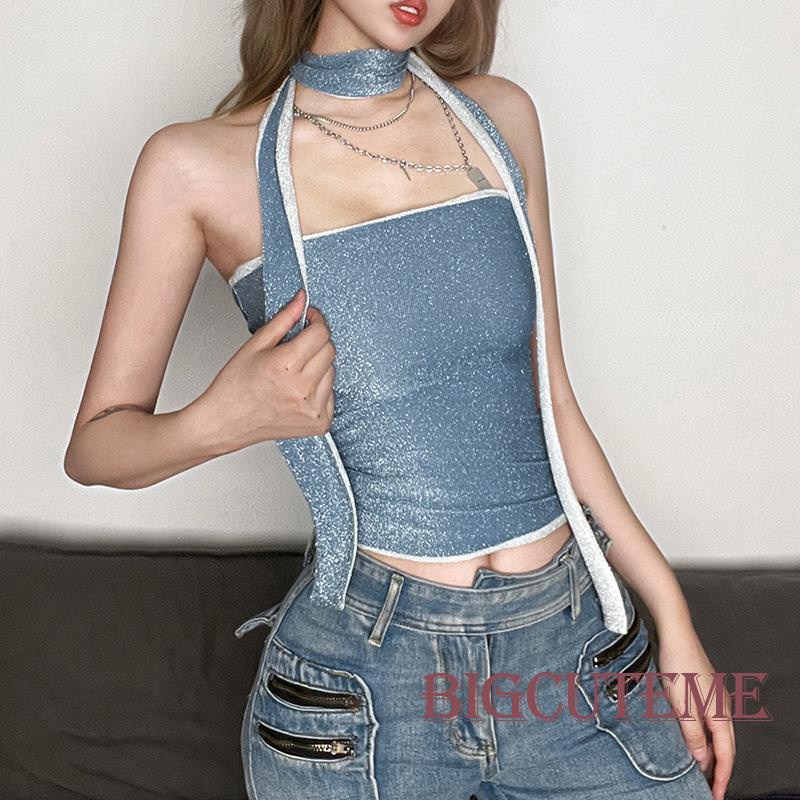 Set Đồ Mùa Hè 2 Món Gồm Áo Crop Top Hở Lưng + Khăn Choàng Cổ Màu Sắc Tương Phản Sáng Bóng Cho Nữ