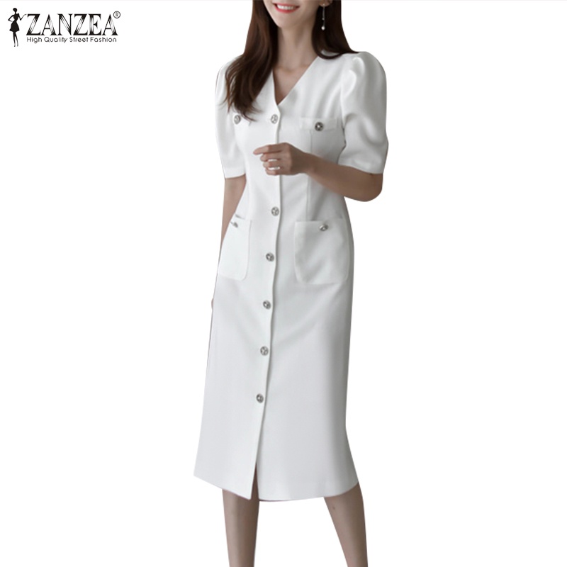 Đầm Nữ Tay Ngắn Cổ Chữ V Màu Trơn Phong Cách Hàn Quốc ZANZEA