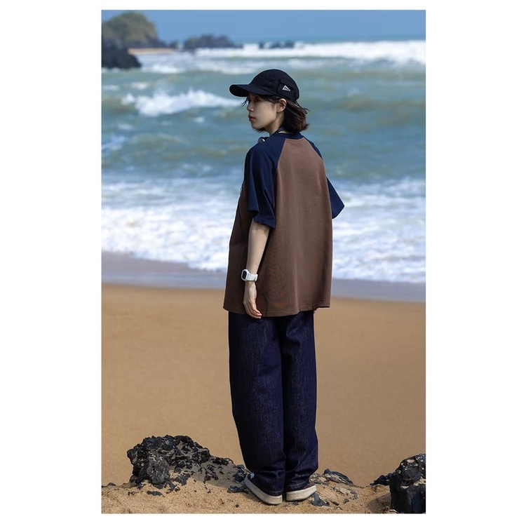 Áo Thun Raglan Tay Ngắn Dáng Rộng Màu Sắc Tương Phản Thời Trang Dành Cho Cặp Đôi