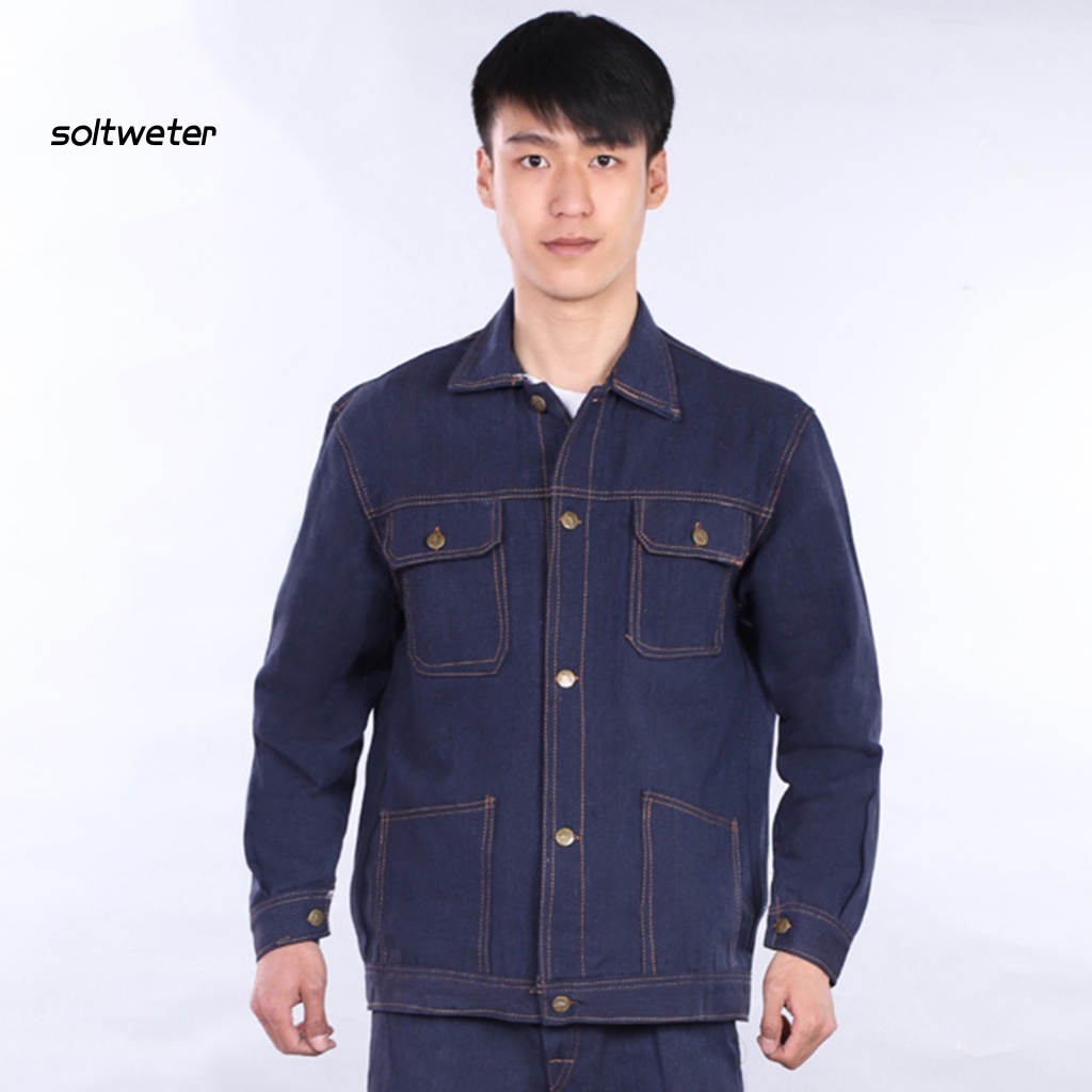 Bộ 2 Món Áo Khoác Denim Tay Dài Cổ Bẻ Cài Một Hàng Nút Sắt + Quần Dài Tới Mắt Cá Chân Có Nhiều Túi Cho Nam