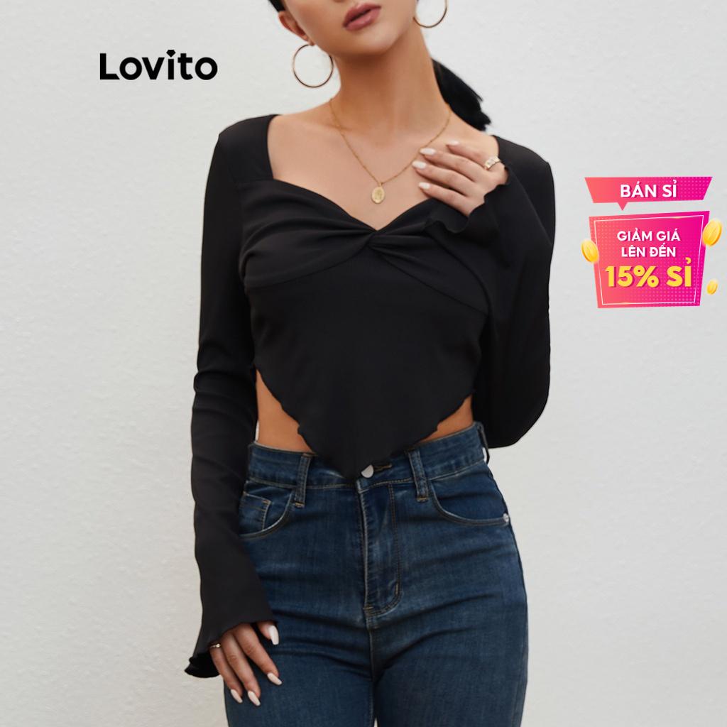 Lovito Áo Thun Tay Chuông Xoắn Màu Đen L20D163