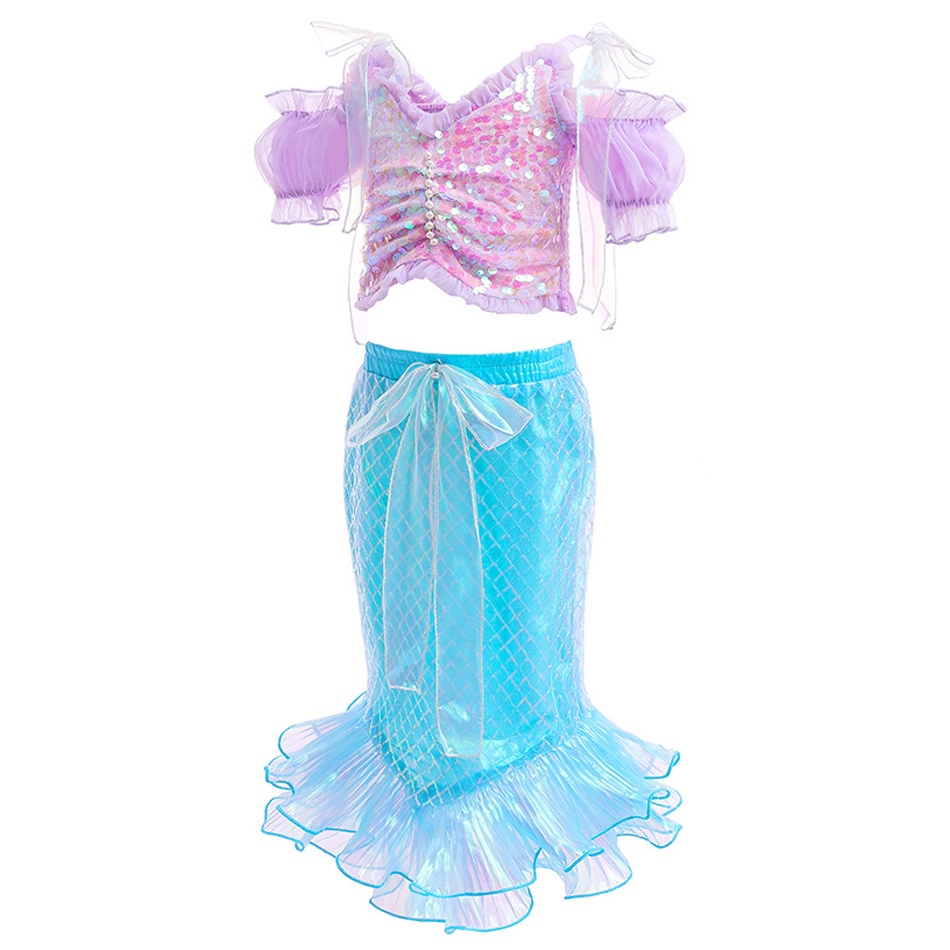 DISNEY Lxaa Bộ Trang Phục Nàng Tiên Cá mb09 2 Mảnh Đính Kim Sa Lấp Lánh Cho Bé Gái