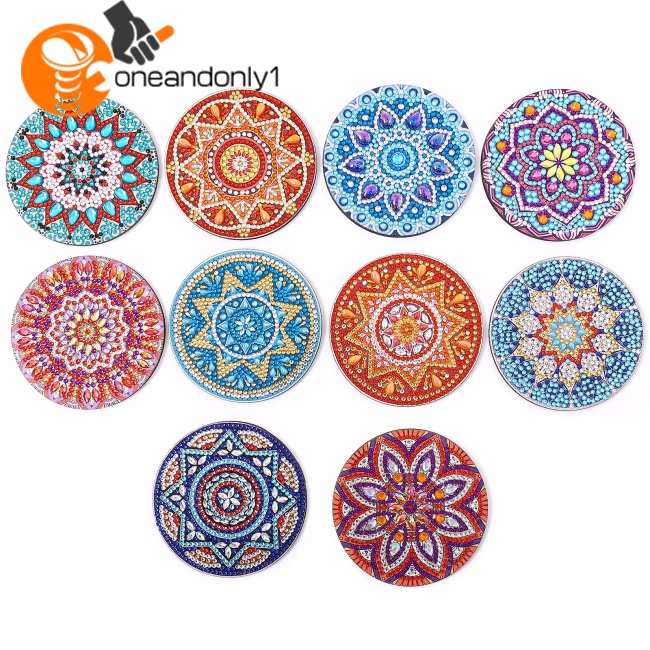 Bộ 10 Đế Lót Ly Đính Đá Chống Mài Mòn Họa Tiết Mandala Kèm Giá Đỡ Tiện Dụng Diy