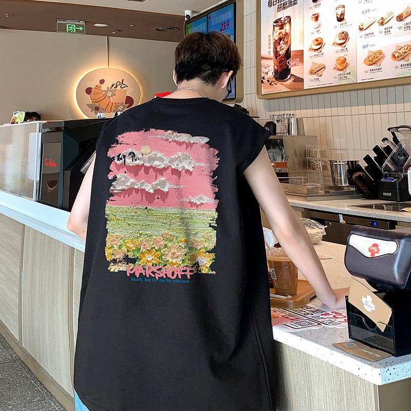 Áo thun nam màu hồng 100% cotton không tay form rộng in tranh sơn dầu mùa hè hFtt
