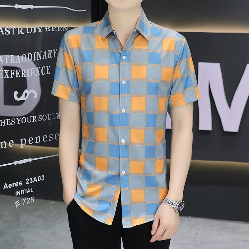 Áo Sơ Mi Tay Ngắn Dáng Rộng Họa Tiết Kẻ Sọc Màu Đen / Cam Phong Cách Hàn Quốc Thời Trang Cho Nam