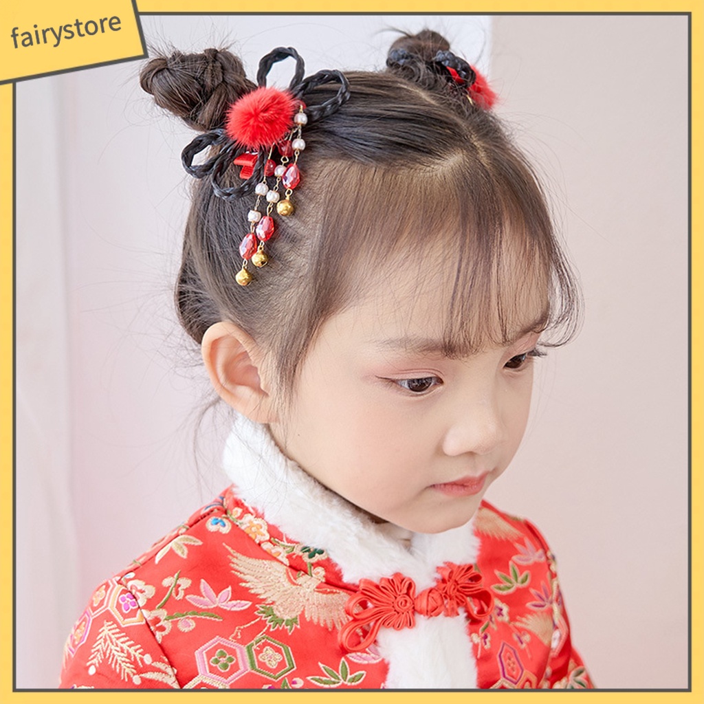 1 Cặp Kẹp Tóc Giả Đính Nơ Tua Rua Phong Cách Trung Hoa Ngọt Ngào Cho Bé Gái