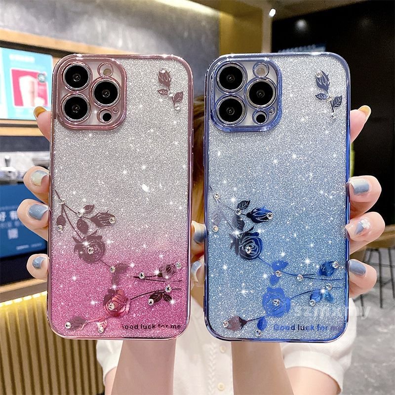 Ốp Điện Thoại Trong Suốt Chống Rơi Họa Tiết Hoa Đính Kim Cương Giả Lấp Lánh Cho Iphone 14 13 12 11 Pro Max 7 8 Plus X XR XS