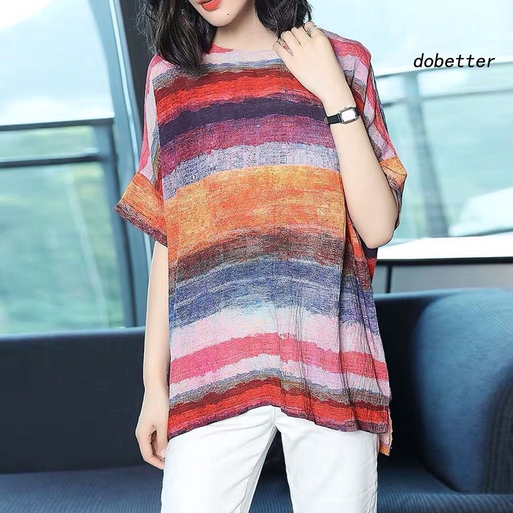 Áo Thun Tay Ngắn Cổ Tròn Dáng Rộng Họa Tiết Kẻ Sọc Màu Khối Thời Trang Mùa Hè Xinh Xắn Cho Nữ