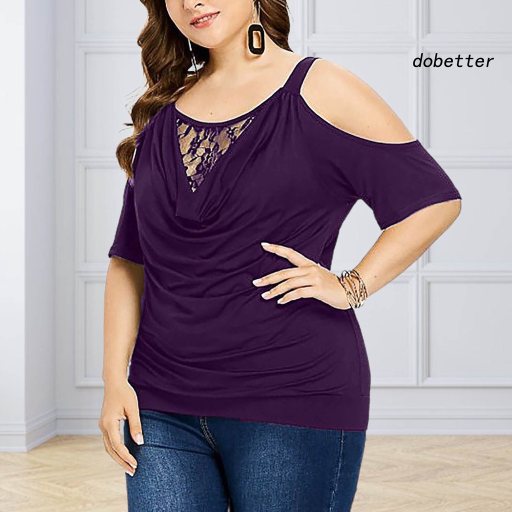 Áo Thun Tay Ngắn Cổ Tròn Màu Trơn Phối Ren Xuyên Thấu Plus Size Thời Trang Mùa Hè Cho Nữ