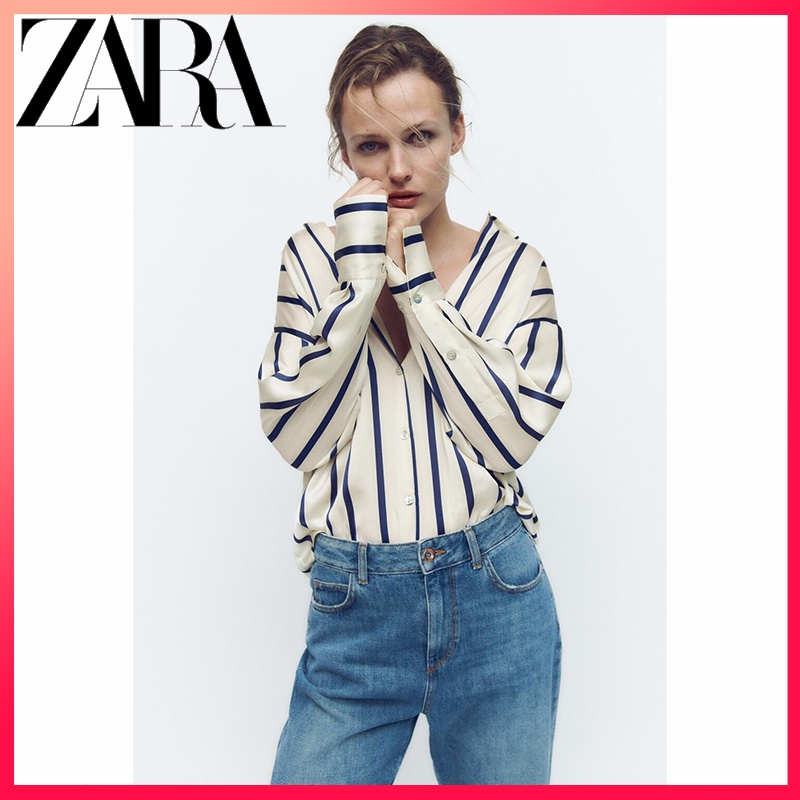 Zara Áo Sơ Mi Lụa satin Kẻ Sọc Thời Trang Thanh Lịch Cho Nữ