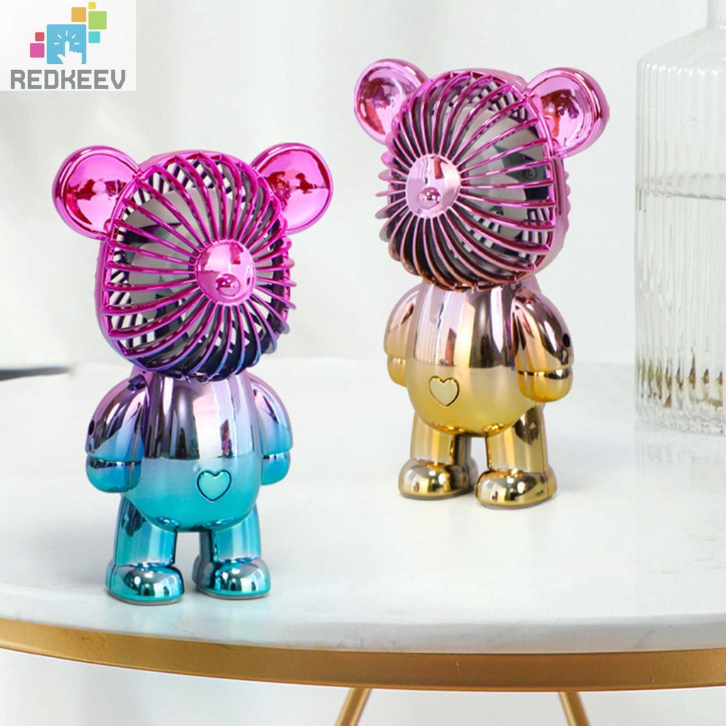 Quạt Mini Để Bàn Làm Mát Cầm Tay 3 Tốc Độ Hình Gấu Graffiti Mạ Điện