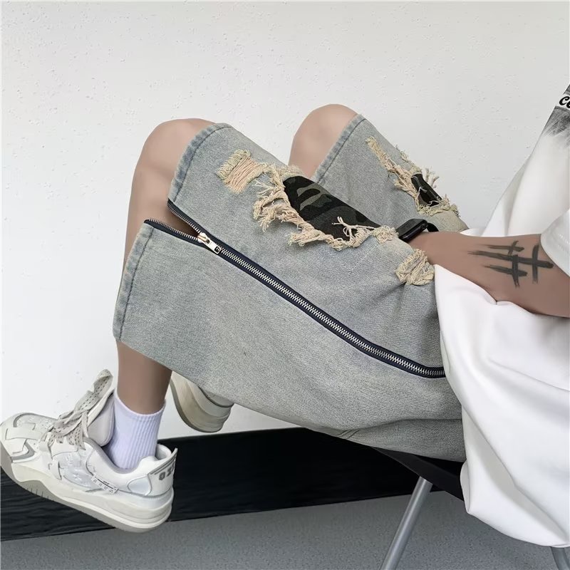 Quần Short Denim Họa Tiết Rằn Ri Phong Cách Đường Phố Mùa Hè Cho Nam