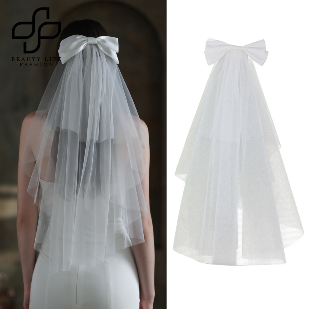 Mạng Che Mặt Đính Nơ Lưới Hai Lớp Màu Trắng Phong Cách Retro Dành Cho Cô Dâu Chụp Ảnh