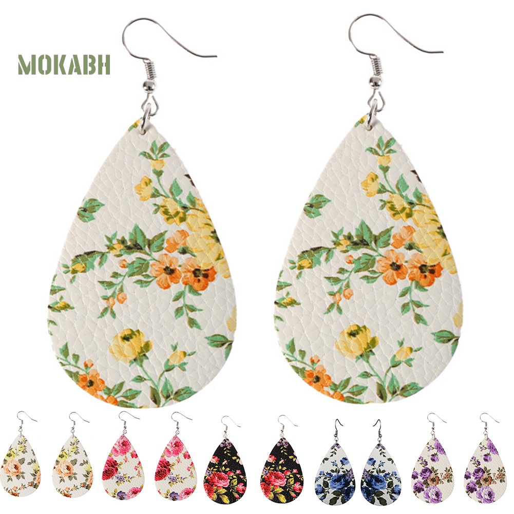 Abh Bông Tai Móc Hình Giọt Nước Họa Tiết Hình Hoa Bằng Chất Liệu Giả Da Theo Phong Cách Boho