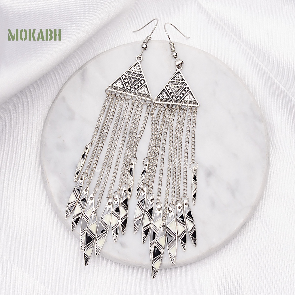 1 Đôi Bông Tai Hình Tam Giác Dạng Móc Tua Rua Dài Phong Cách Vintage