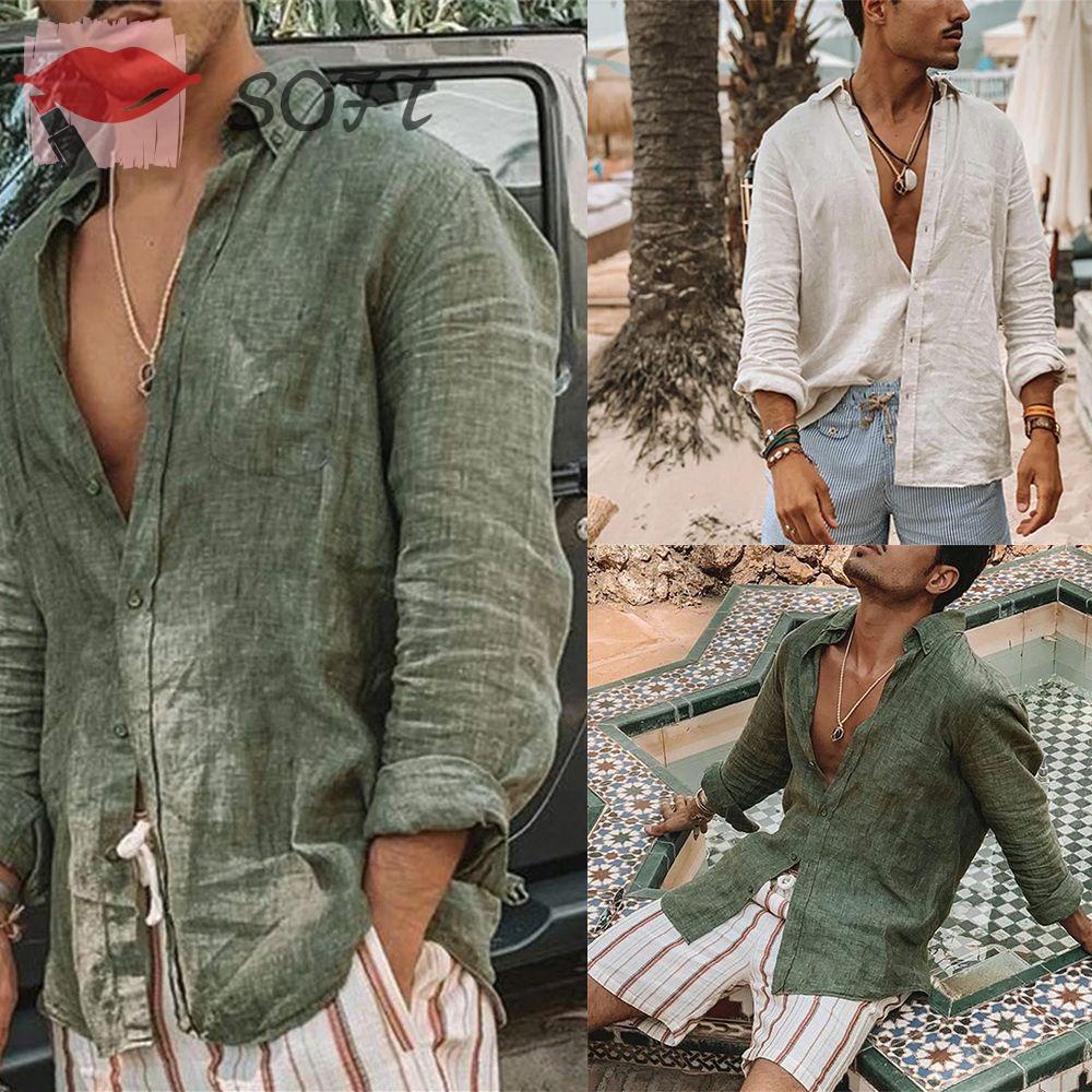 Áo Sơ Mi Cotton Lanh Dài Tay Cổ Bẻ Thời Trang Mùa Hè Cho Nam