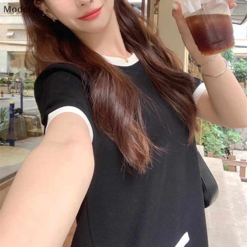 Mfc Đầm Tay Ngắn Dáng Rộng Phối Túi Màu Sắc Tương Phản Đơn Giản Cho Nữ