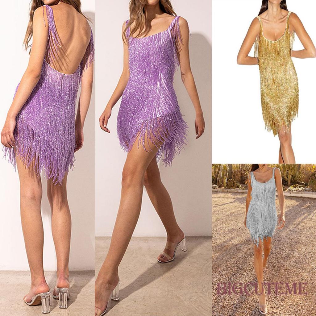 Đầm Hai Dây Ngắn Đính Kim Sa Màu Sắc Thời Trang Mùa Hè Cho Nữ