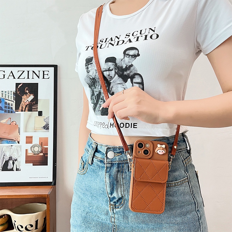 Ốp Điện Thoại Da Kèm Ngăn Đựng Thẻ & Dây Đeo Chéo Cho IPhone 13 12 Mini 14 Pro Max 11 XR XS X 7 8 Plus SE 2020