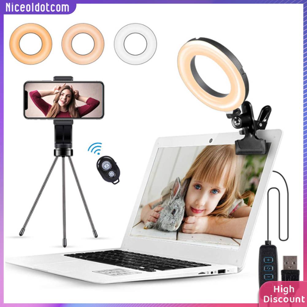☼Yimumiya ☼ Vòng Đèn LED 6 inch Cho Laptop Với Chân Tripod Kim Loại + Kẹp + Điều Khiển Bluetooth