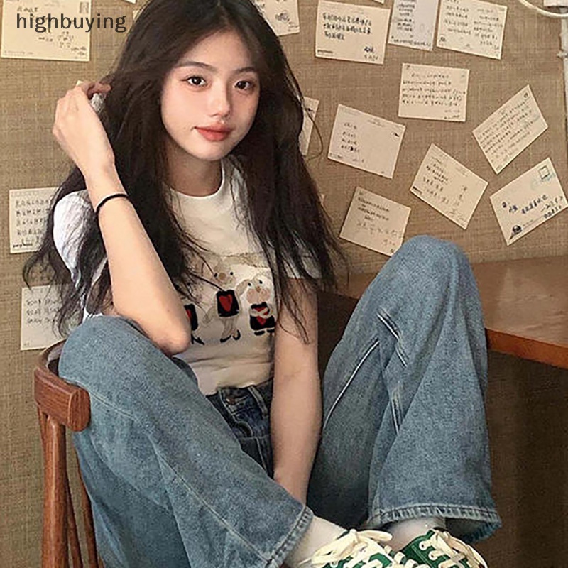 Áo Thun Lửng Ngắn Tay Cổ Tròn In Hình Thỏ Hoạt Hình Phong Cách Retro Mỹ Cho Nữ