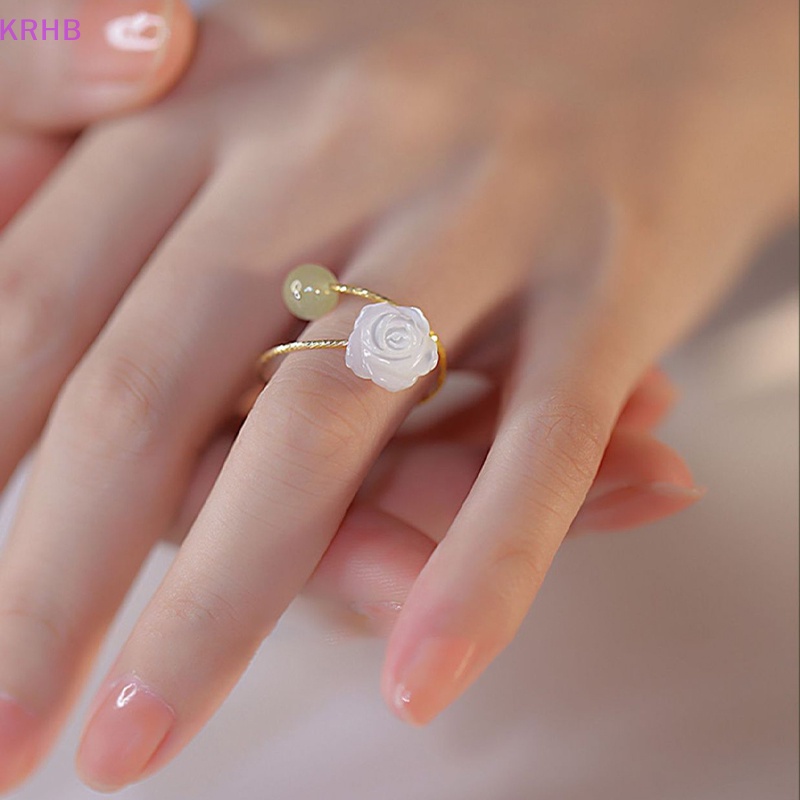 Nhẫn Hở Hình Hoa Hồng Đính Đá Ngọc Bích Trắng Phong Cách Vintage Thời Trang Cho Nữ Mới