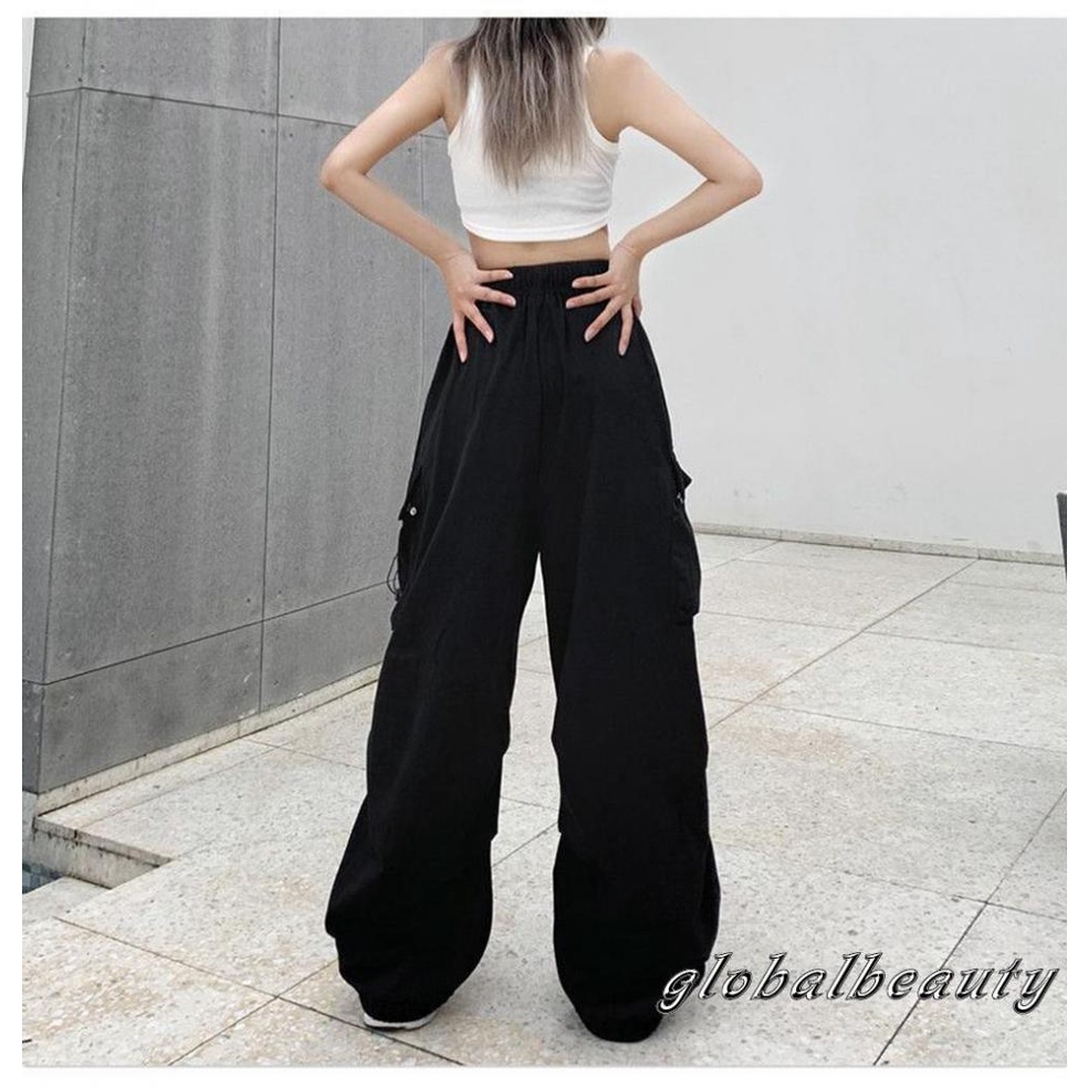 Quần Dài Dáng Rộng Màu Trơn Lưng Thun Phối Túi Thời Trang Đường Phố Cho Nữ