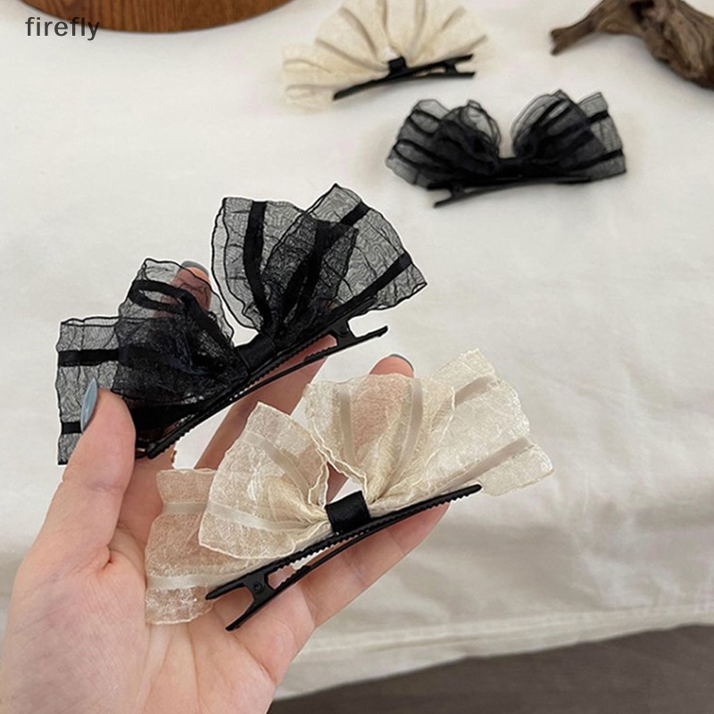 Set 2 Kẹp Tóc Nơ Phối Ren Màu Đen / Be Thời Trang Dự Tiệc Cho Nữ