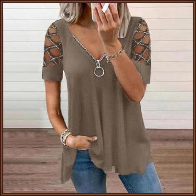 Áo Thun Tay Ngắn Cổ Chữ V Khoét Lỗ Màu Sắc Thời Trang Mùa Hè Cho Nữ
