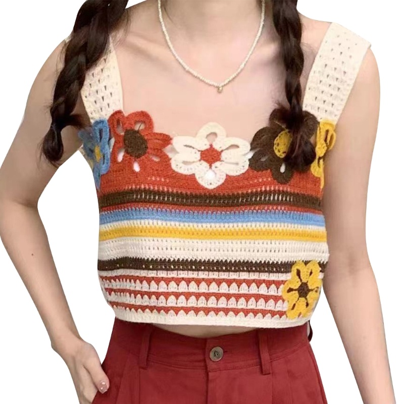 Áo Croptop Dệt Kim Hai Dây Họa Tiết Hoa Thời Trang Đường Phố Gợi Cảm Cho Nữ