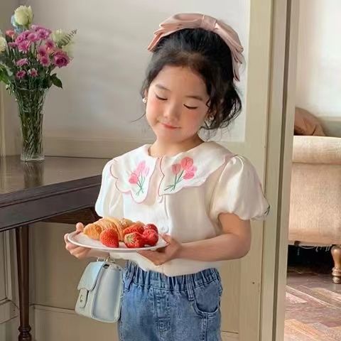 Áo Sơ Mi Trắng Cotton Tay Ngắn Thêu Hình Dành Cho Bé Gái Mùa Hè 2023 ，áo thun dài tay bé gái