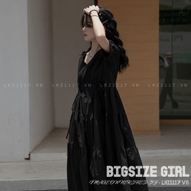 Váy đầm nữ Bigsize Đầm babydoll dáng dài tay ngắn cổ chữ v đen mùa hè Phong cách Hàn Quốc Thời Trang đẹp