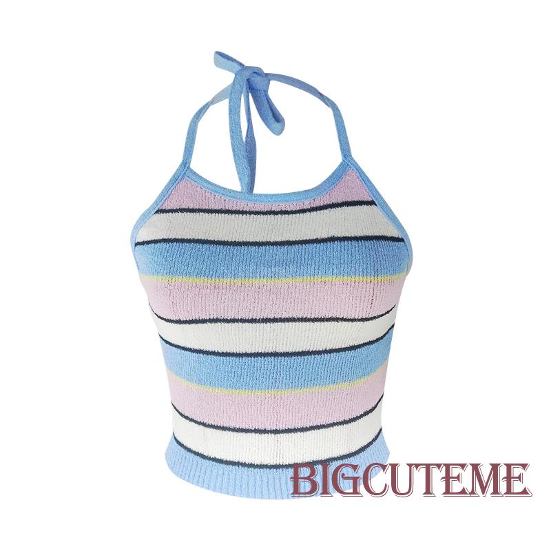 [] - Áo Croptop Dệt Kim Không Tay Kẻ Sọc Nhiều Màu Sắc Mùa Hè Cho Nữ