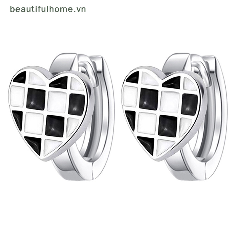 1 Đôi Bông Tai Bạc Hình Trái Tim Họa Tiết Sọc Caro Trắng Đen Sáng Tạo Thời Trang Cho Nữ