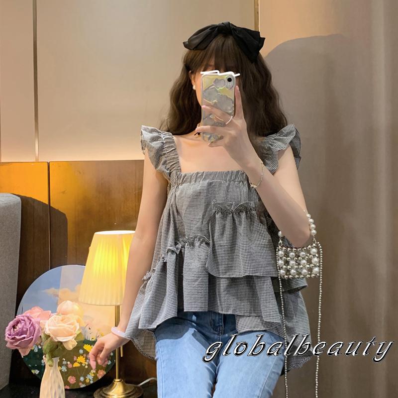 Áo Croptop Tay Phồng Họa Tiết Sọc Caro Ngọt Ngào Thời Trang Mùa Hè Cho Nữ