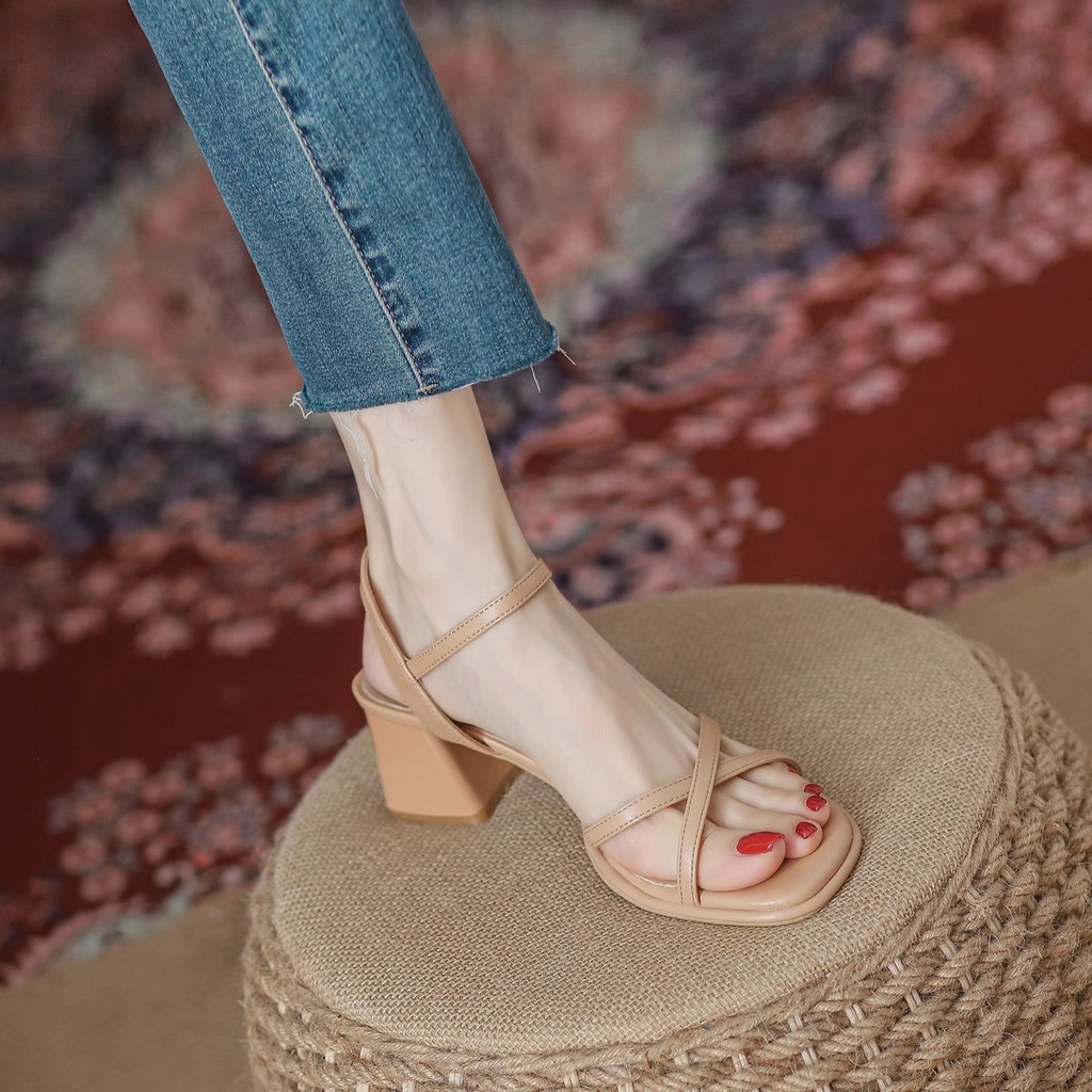 Duoya Tóc Thẳng ~ [Hàng Có Sẵn] Giày Cao Gót Da Mềm Dây Đan Chéo Màu Mơ Đơn Giản Cho Nữ Miễn Phí Vận Chuyển