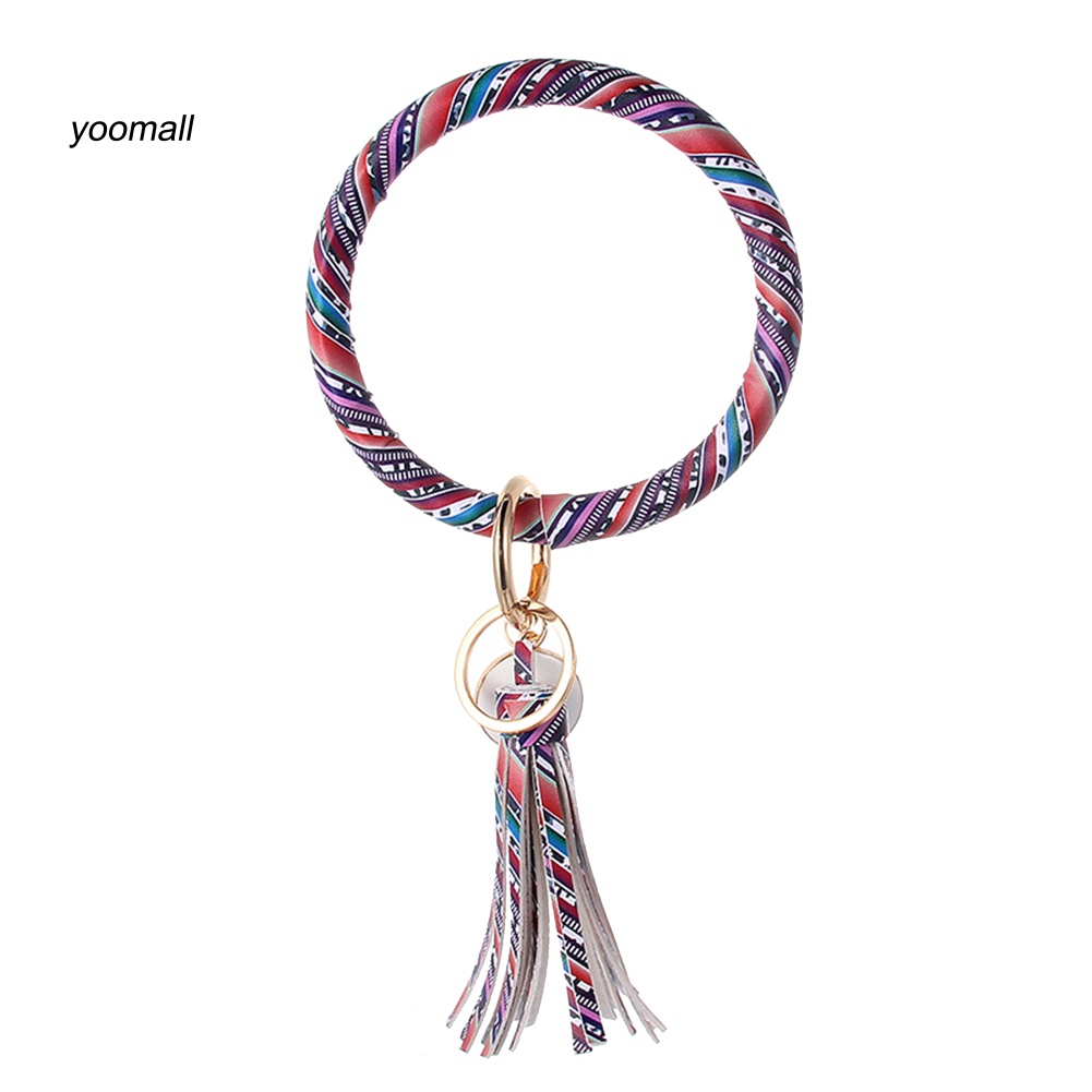 Móc Khóa Dạng Vòng Tròn Phối Tua Rua Bằng Da Giả