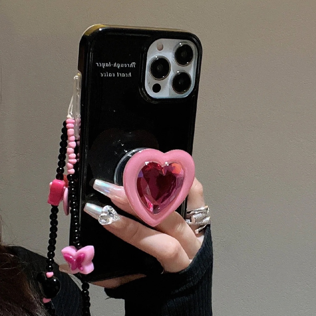 Ốp Điện Thoại Màu Hồng Họa Tiết Trái Tim Kèm Giá Đỡ & Dây Đeo Cho Iphone 14promax 13 11 14pro 13pro 14
