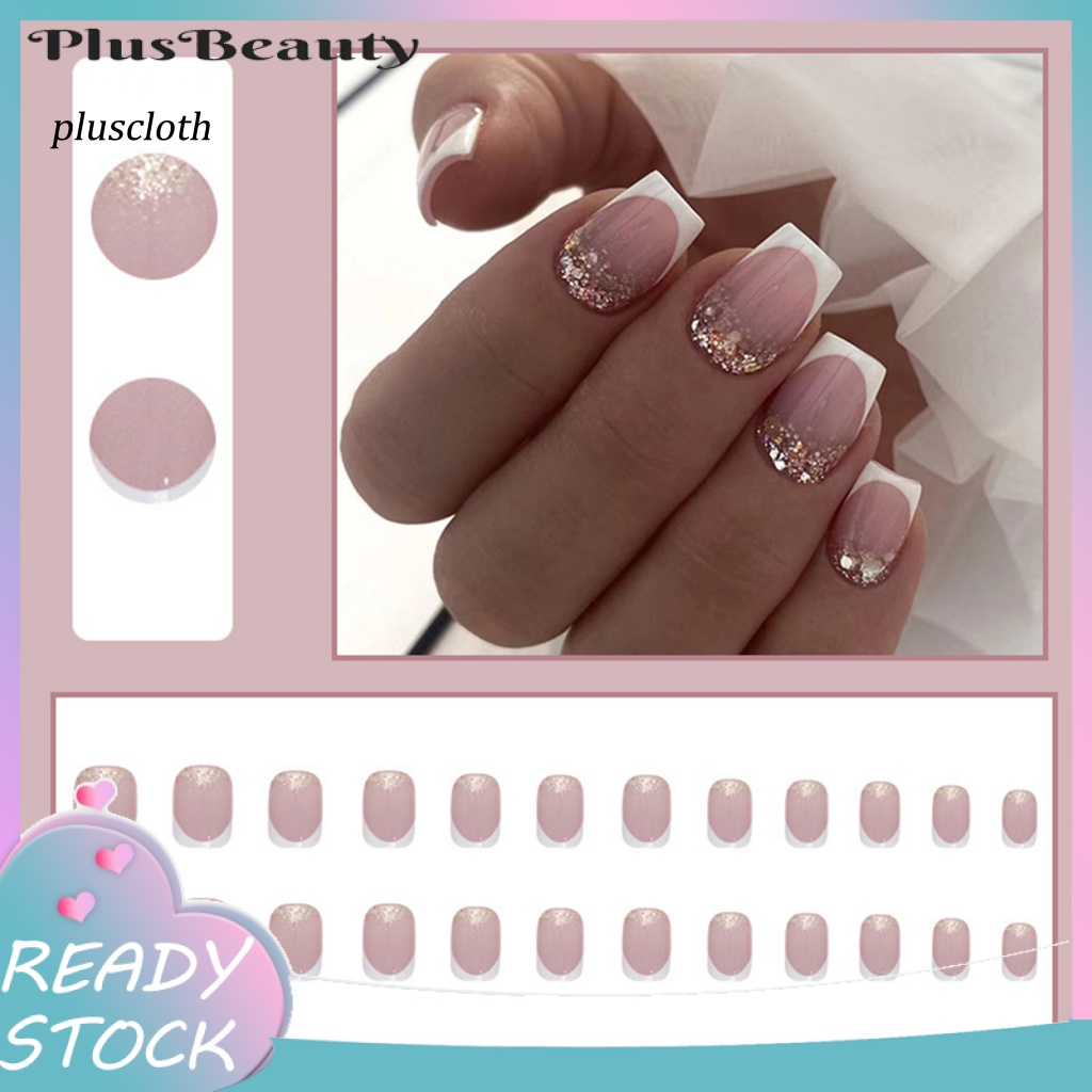 &lt; Pluscloth &gt; Set 24 Móng Tay Giả Hình Vuông Ngắn Hai Màu Lấp Lánh Có Thể Tháo Rời Phong Cách Pháp Cho Nữ Sử Dụng Tại Nhà /
