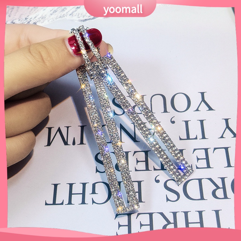 [YM] Bông Tai Dài Hình Chữ Nhật Rỗng Đính Kim Cương Pha Lê Phong Cách Hàn Quốc