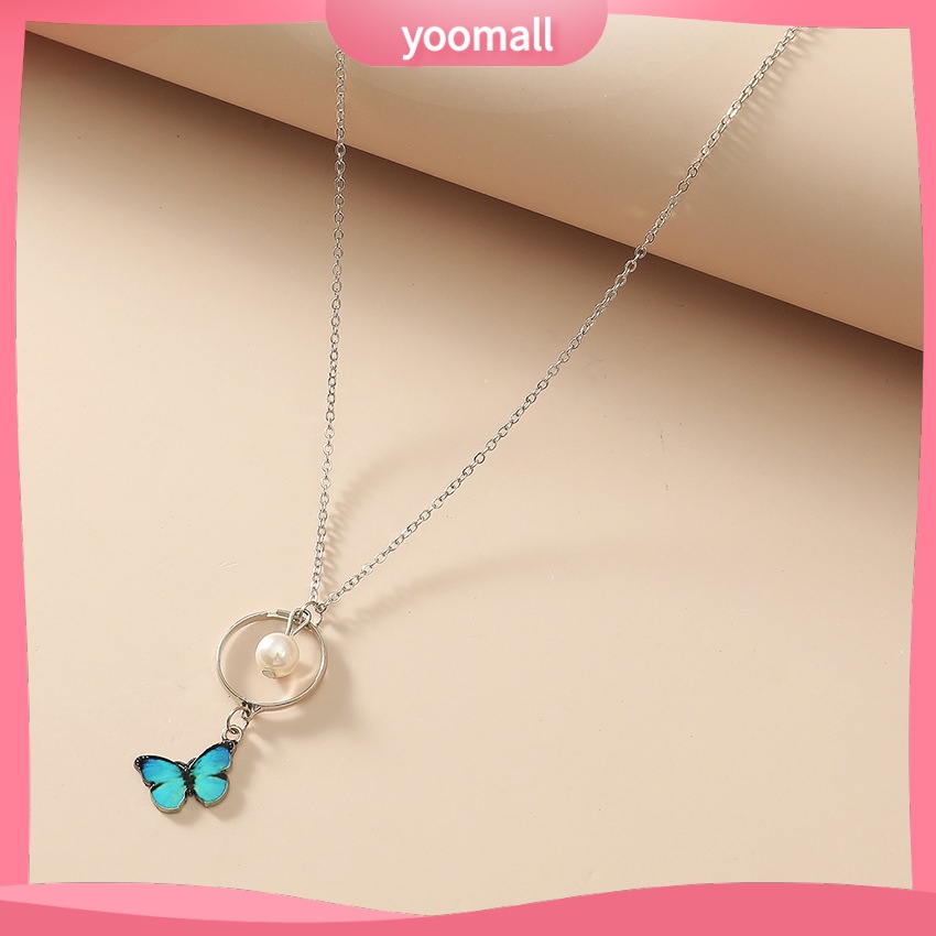 [YM] Vòng cổ Chuỗi Hạt Ngọc Trai Mặt Hình Tròn Và Bướm Nhiều Màu Sắc Cá Tính Thời Trang