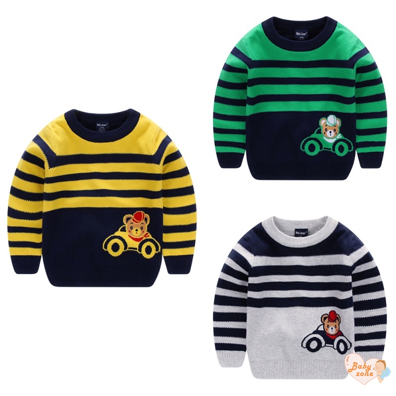 Áo Sweater Dệt Kim Kẻ Sọc In Hình Gấu Nhỏ Dễ Thương Thời Trang Thu Đông Cho Bé Trai