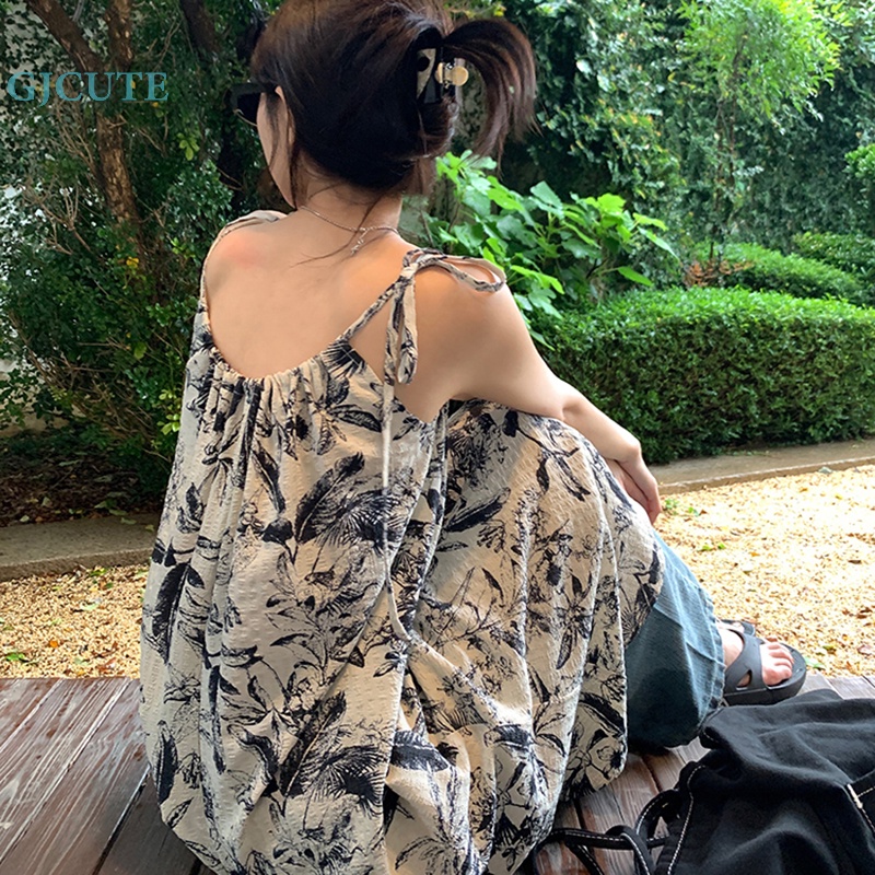 Đầm Hai Dây Dáng Rộng In Họa Tiết Vintage Hàn Quốc Thời Trang Mùa Hè Cho Bạn Gái